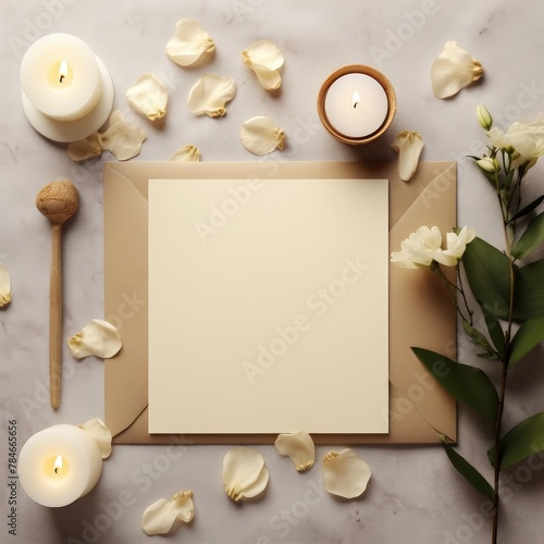 A mockup of a blank greeting card with a kraft envelope on a marble background with candles and white rose petals.