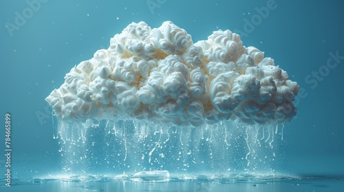 Wet season concept, Bread in the shape of a cloud with a meringue raindrop on a light blue background. photo