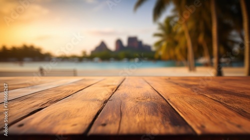 The empty wooden table top with blur background of Thailand beach. Exuberant image. generative AI © Summit Art Creations