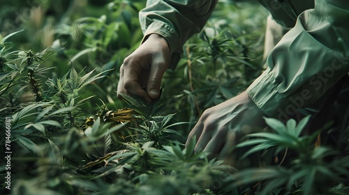 Hands of agronomist picking up green marijuana leaves, farmer harvesting at hemp field. Cannabis sativa plantation in background, medical product, banner with copyspace for text photo