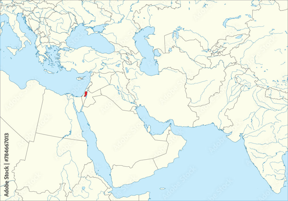 Red detailed blank political map of PALESTINE with black borders on white continent background, blue sea surfaces and rivers using orthographic projection of the Middle East