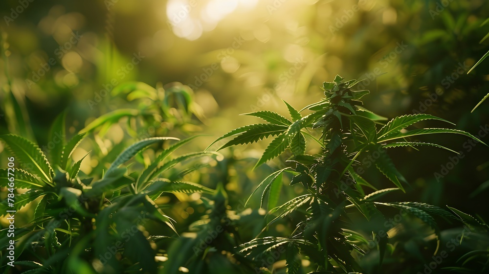 Obraz premium CBD Beautiful background green cannabis plantation, beautiful marijuana leaves grow on sunny field, Medical legal plant product oil concept, alternative herb medicine, banner empty copyspace for text