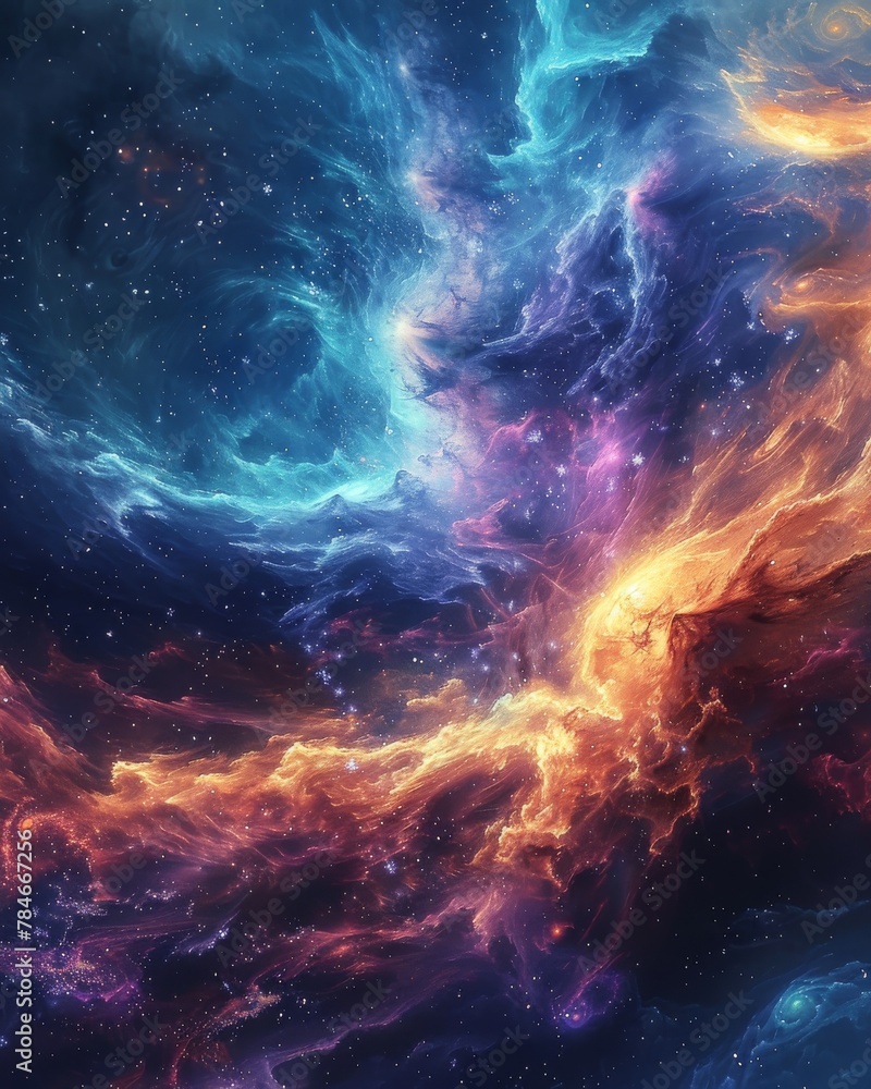 A colorful space scene with a blue and orange cloud