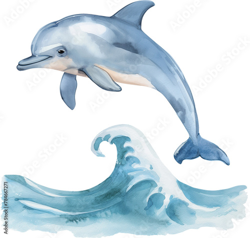Cute Dolphin jumping Wave watercolor, transparent background © mytam