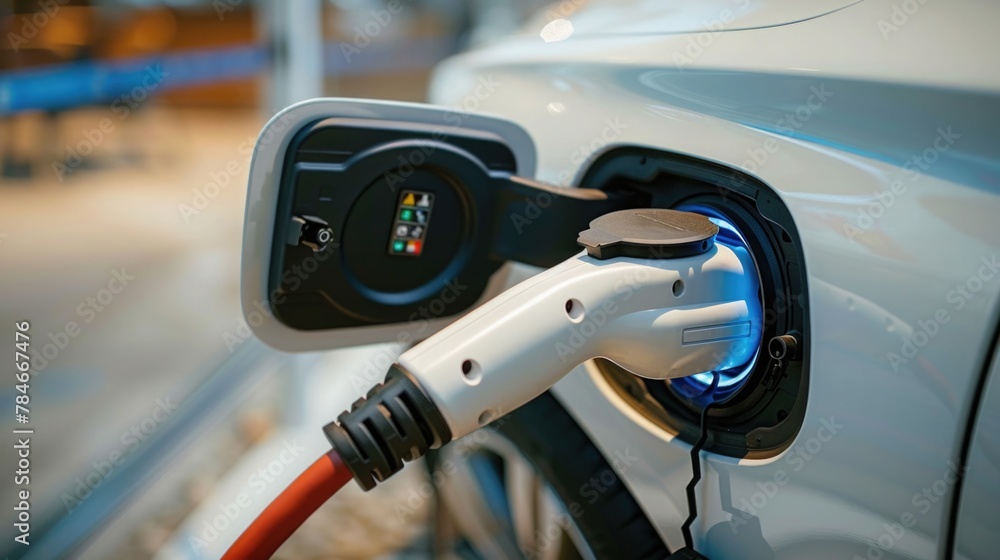 Close-up of an electric vehicle's charging port while plugged in, highlighting the connection and the clean lines of the car's design Close-up of an electric vehicle's charging port while plugged in, highlighting the connection and the clean lines of the car's design