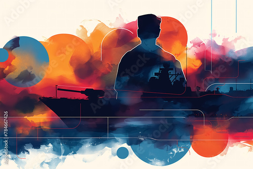 Poster with silhouette of soldier with aircraft carrier photo