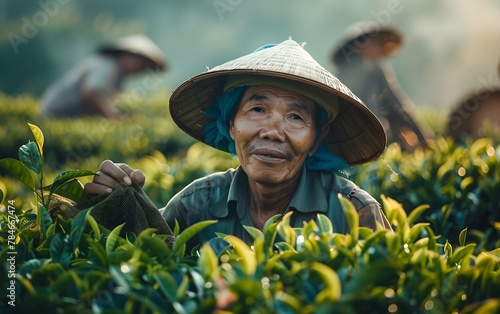 Portrait of smiling senior female Asian agronomist holding basket with green tea leaves, farmer standing by tea field, beautiful sunny landscape plantation in background banner with copyspace for text