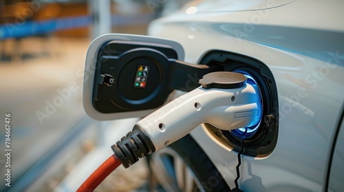 Close-up of an electric vehicle's charging port while plugged in, highlighting the connection and the clean lines of the car's design