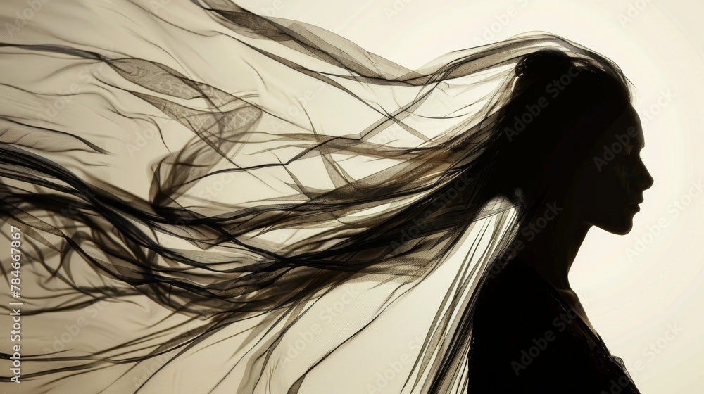 Naklejka premium Silhouette shadow of woman with flowing hair background wallpaper concept