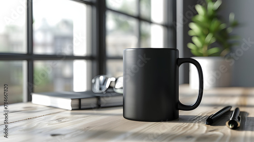 Black Coffee Mug Mockup with Glasses and Pen on a Cafe Table Background