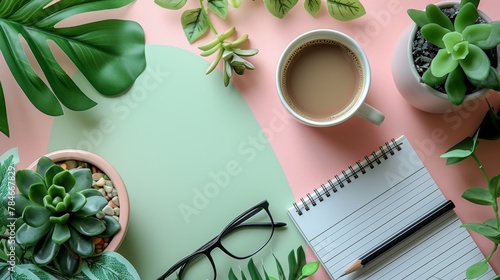 Notepad, pen, smartphone, eyeglasses, triangular decoration, laptop, rubber, pencil and black coffee mug on pastel pink white light green background, top view, flat lay photo