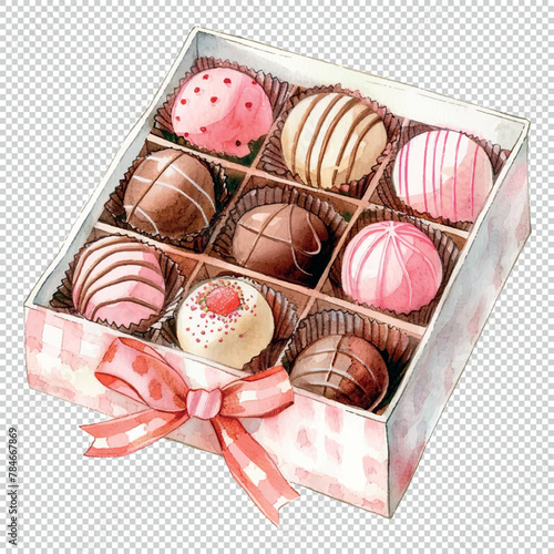 Box of chocolate pralines watercolor design, colorful vector illustration on transparent background
