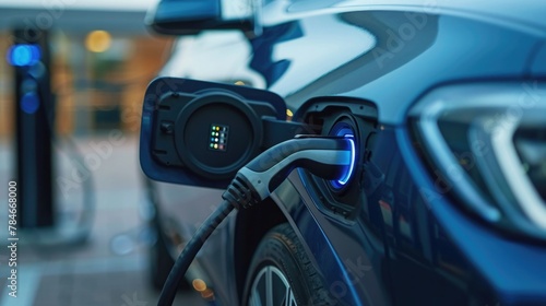 Close-up of an electric vehicle's charging port while plugged in, highlighting the connection and the clean lines of the car's design