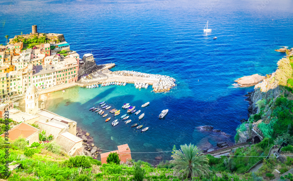 view of Vernazza pituresque town and habour of Cinque Terre, Italy