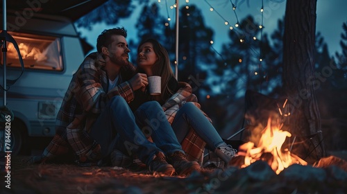 A young couple sits beside a campfire in a cozy caravan camping area. They sip warm tea and gaze up at the stars. Wrapped in a plaid blanket, they dream of a bright future together.