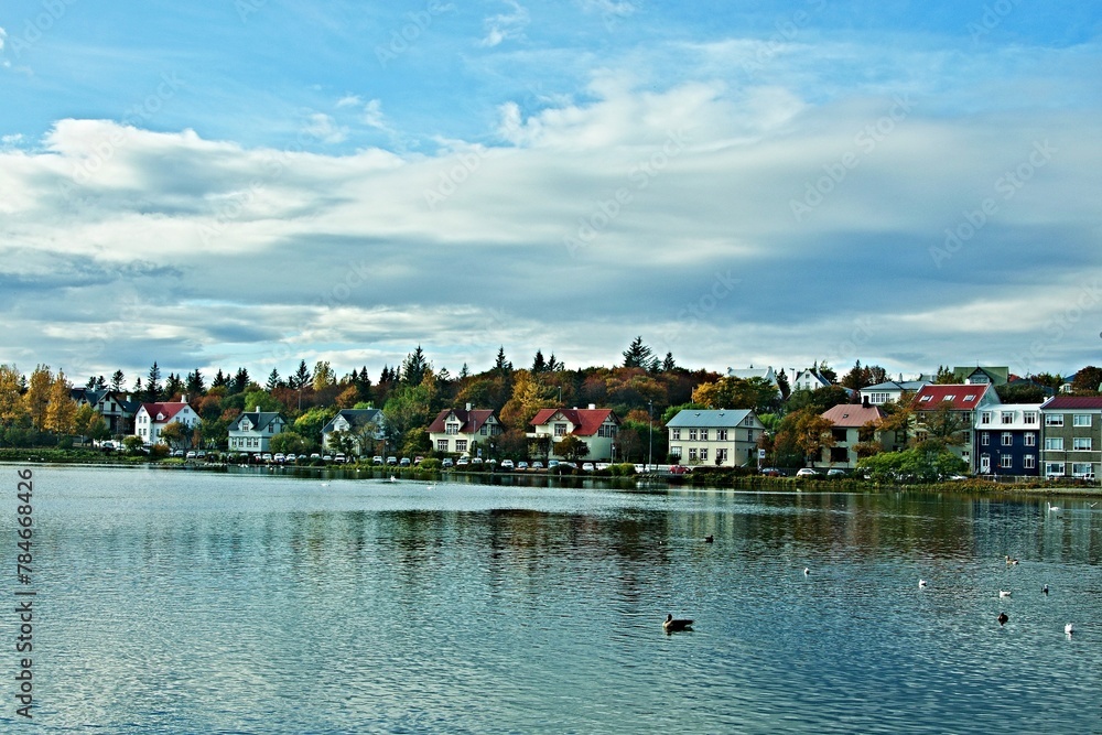 Iceland-view of city Reykjavik and Lake Tjornin