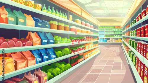 Supermarket grocery shelves cartoon background wallpaper concept