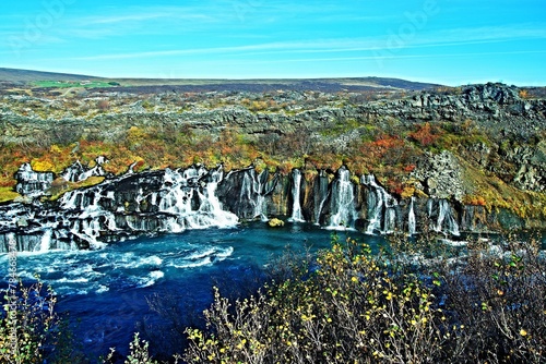 Iceland-view of river Hvítá and waterfalls Hraunfossar in lava