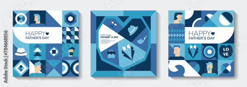 Set of Fathers Day poster, greeting card, banner, label, sale promotion template, cover in geometric style. Geometric print, pattern. Vector illustration.