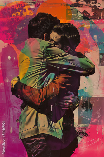 Psychedelic collage of two men hugging each other with love and affection