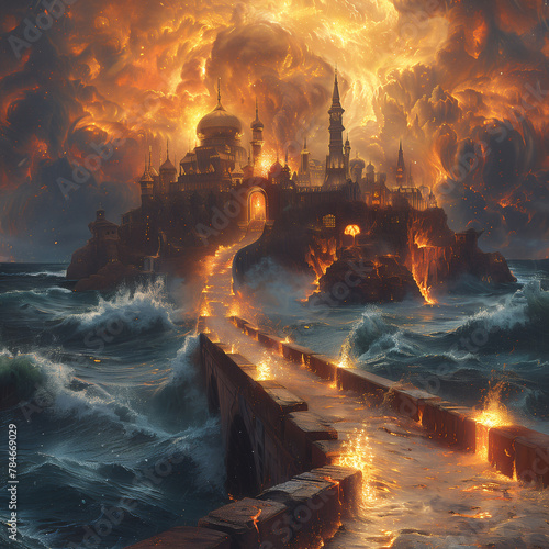 flaming castle with bridge