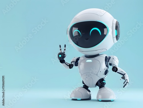Adorable baby robot showing peace sign, copy space for text