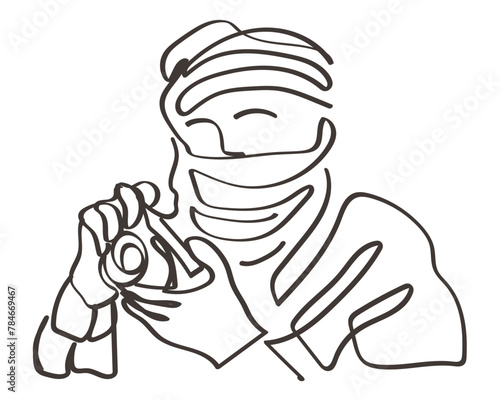 Hand drawn line art vector of a man holding camera. Legendary work of legendary people. Photography photo