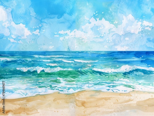 Summer vacation concept. Empty sandy beach and sea with waves. Watercolor banner. 