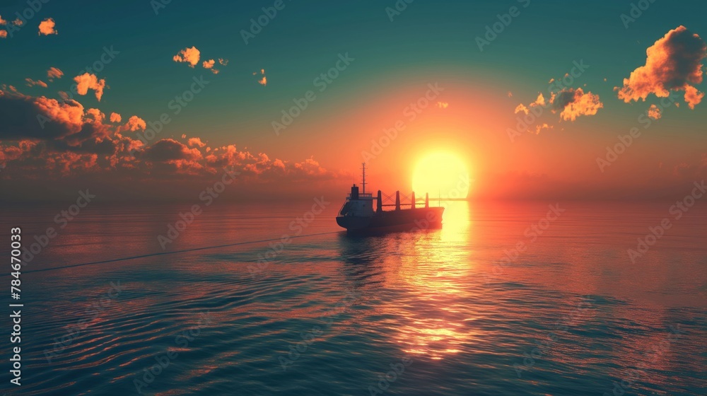 Fototapeta premium Twilight over the ocean with a lone cargo ship silhouetted against the setting sun
