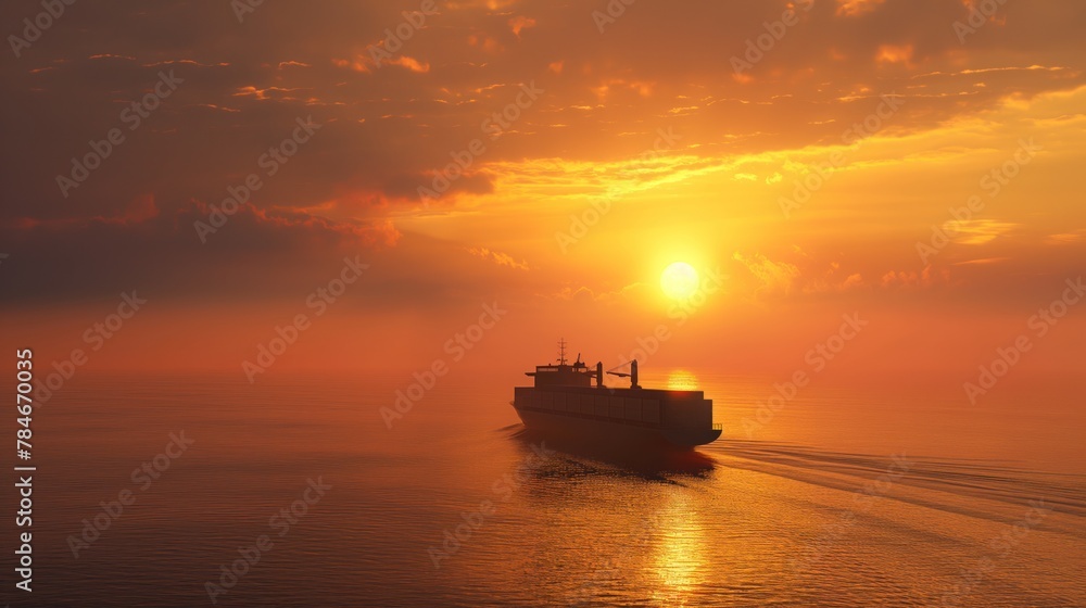 Twilight over the ocean with a lone cargo ship silhouetted against the setting sun