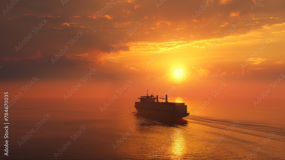 Twilight over the ocean with a lone cargo ship silhouetted against the setting sun Twilight over the ocean with a lone cargo ship silhouetted against the setting sun