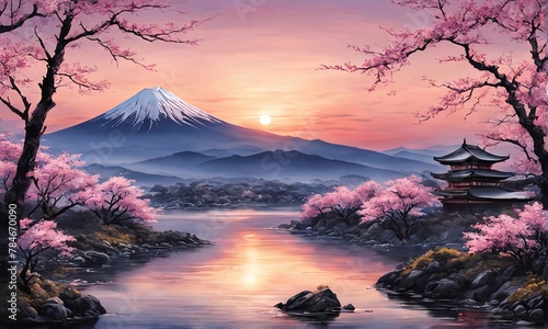 Serene landscape with mountain, pagoda in background. For meditation apps, on covers of books about spiritual growth, in designs for yoga studios, spa salons, illustration for articles on inner peace.