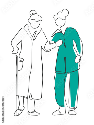 Hand drawn line art vector of Hospice care. Nurse and patients concept. Hospital care for elderly and patients in recovery.