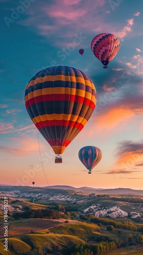 Colorful hot air balloons soaring over a vibrant landscape at dawn