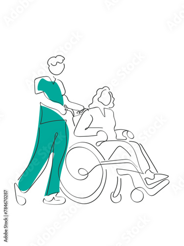 Hand drawn line art vector of Hospice care. Nurse and patients concept. Hospital care for elderly and patients in recovery.