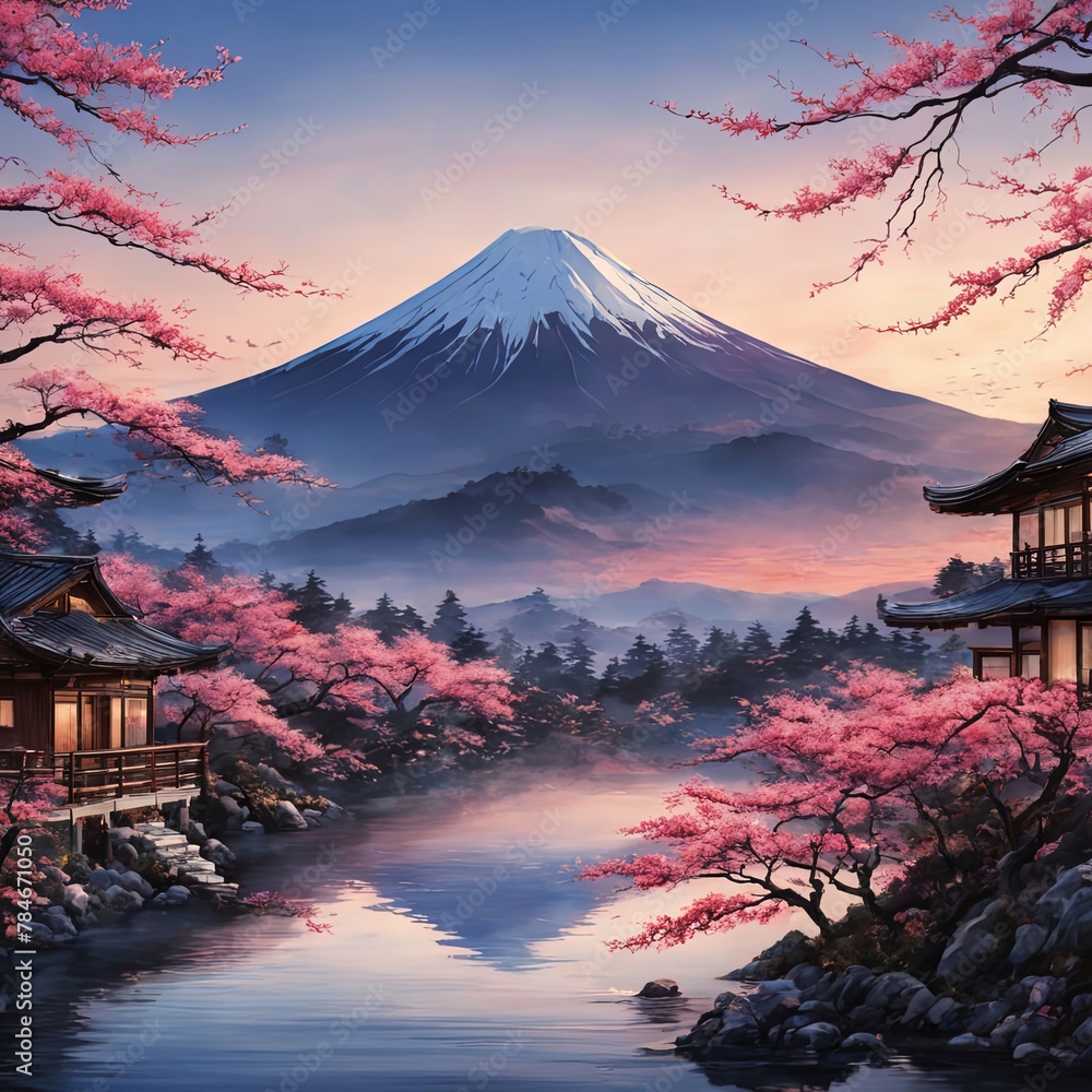 Serene landscape with mountain, pagoda in background. Sky is filled with beautiful pink hue, and moon is shining brightly. Concept of peace, tranquility.For art, creative projects, fashion, magazines.