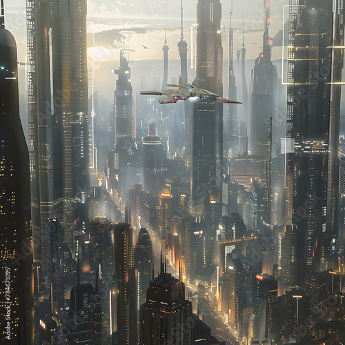 A futuristic cyberpunk-influenced cityscape , science fiction.