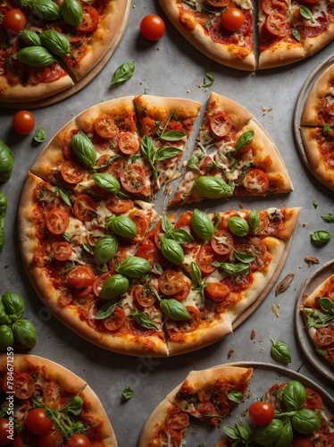Several freshly baked pizzas with golden-brown crust adorned with vibrant toppings, placed on grey surface. Pizzas sliced.