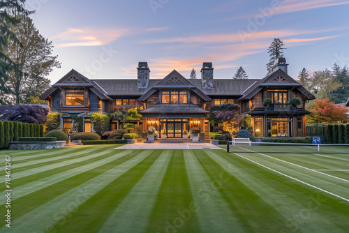 A Craftsman estate with a grand entryway, custom millwork, and an expansive lawn leading to a private tennis court and outdoor entertainment area, exuding luxury and attention to detail. photo
