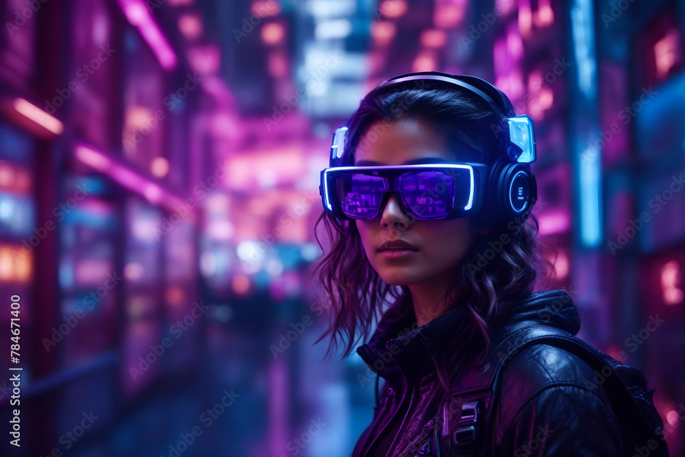 Young woman in vr headset on futuristic neon lights street, girl using virtual reality innovative technology goggles, exploring digital metaverse, interacting with new information tech in cyber space. Young woman in vr headset on futuristic neon lights street, girl using virtual reality innovative technology goggles, exploring digital metaverse, interacting with new information tech in cyber space.