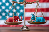 A balanced brass scales showcasing a red elephant and a blue donkey, symbols for the American Republican and Democrat parties, against a blurred US flag background