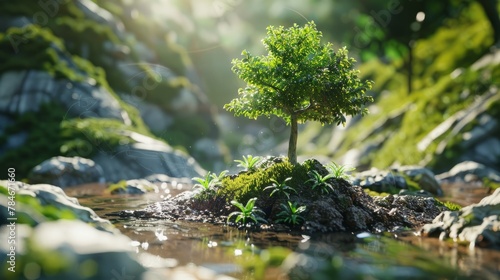 ESG modernization Conservation CSR ecology nature protection living tree growing from earth on a pure background hyper realistic 