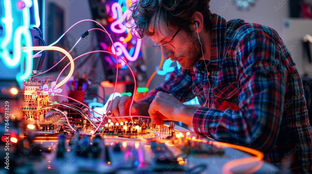 Obraz premium Artist creating electric neon art, cables connecting to light sources, studio, closeup, colorful creativity