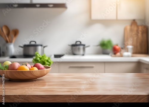 Photo wood table top on blur kitchen counter background for montage product display. Generated AI
