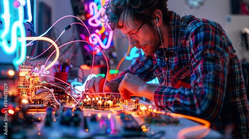 Artist creating electric neon art, cables connecting to light sources, studio, closeup, colorful creativity