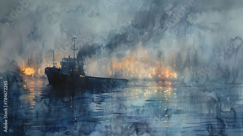 An atmospheric watercolor scene of a cargo ship navigating through misty waters