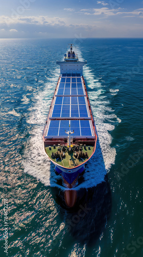 An eco-friendly cargo ship equipped with solar panels and wind turbines traveling on an ocean highway © Nisit