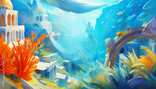 The lost city of Atlantis depicted by Adobe's generative AI tools and my own work to modify, enhance and remix the generated imagery in Photoshop. Colorful watercolor style, sweeping scenery.