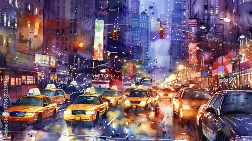 An artistic watercolor depiction of a bustling cityscape with taxis buses photo