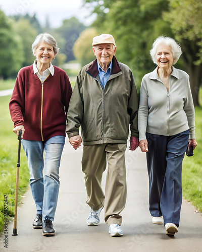 A group of pensioners in the park for a walk.